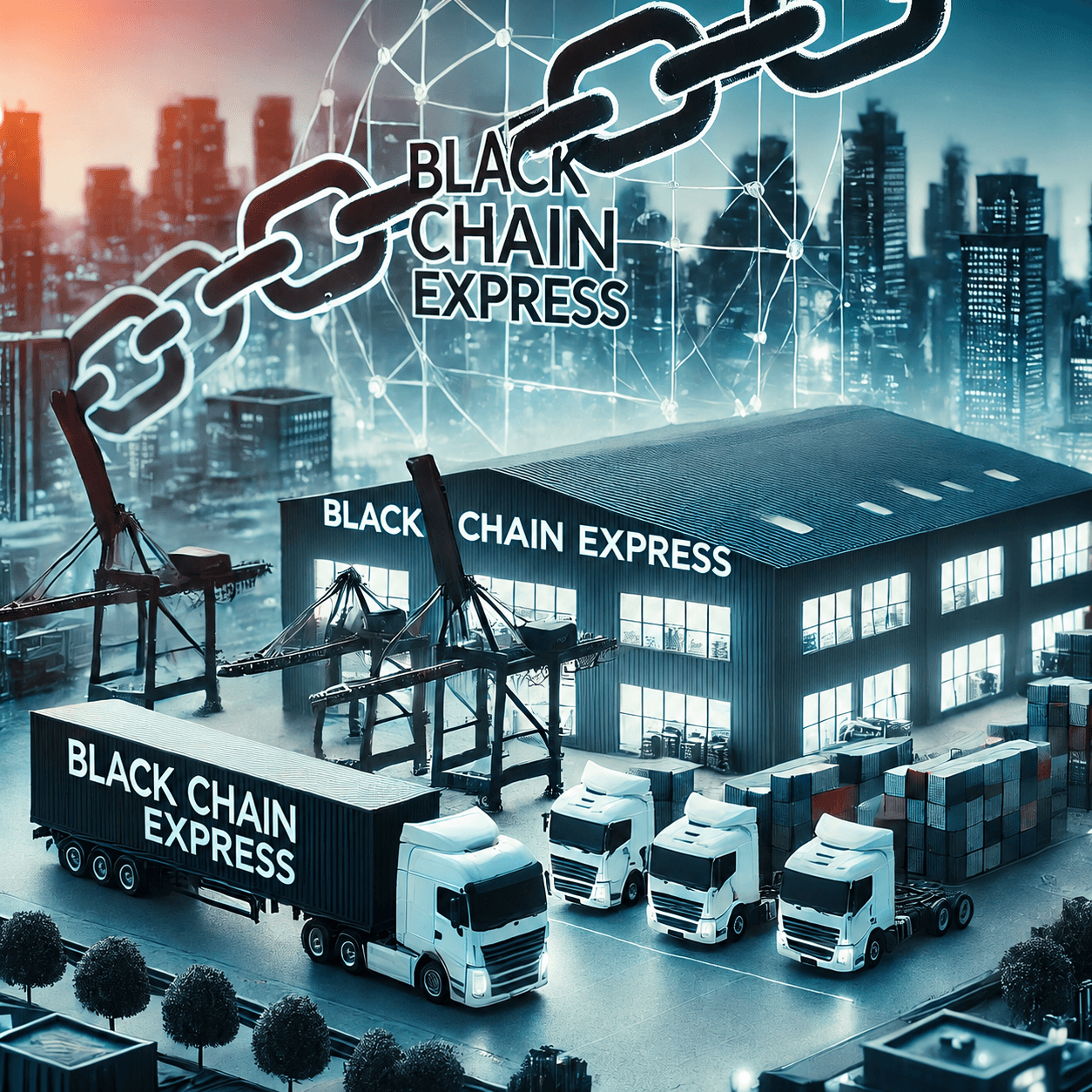 Blackchain Express warehouse and fleet illustration